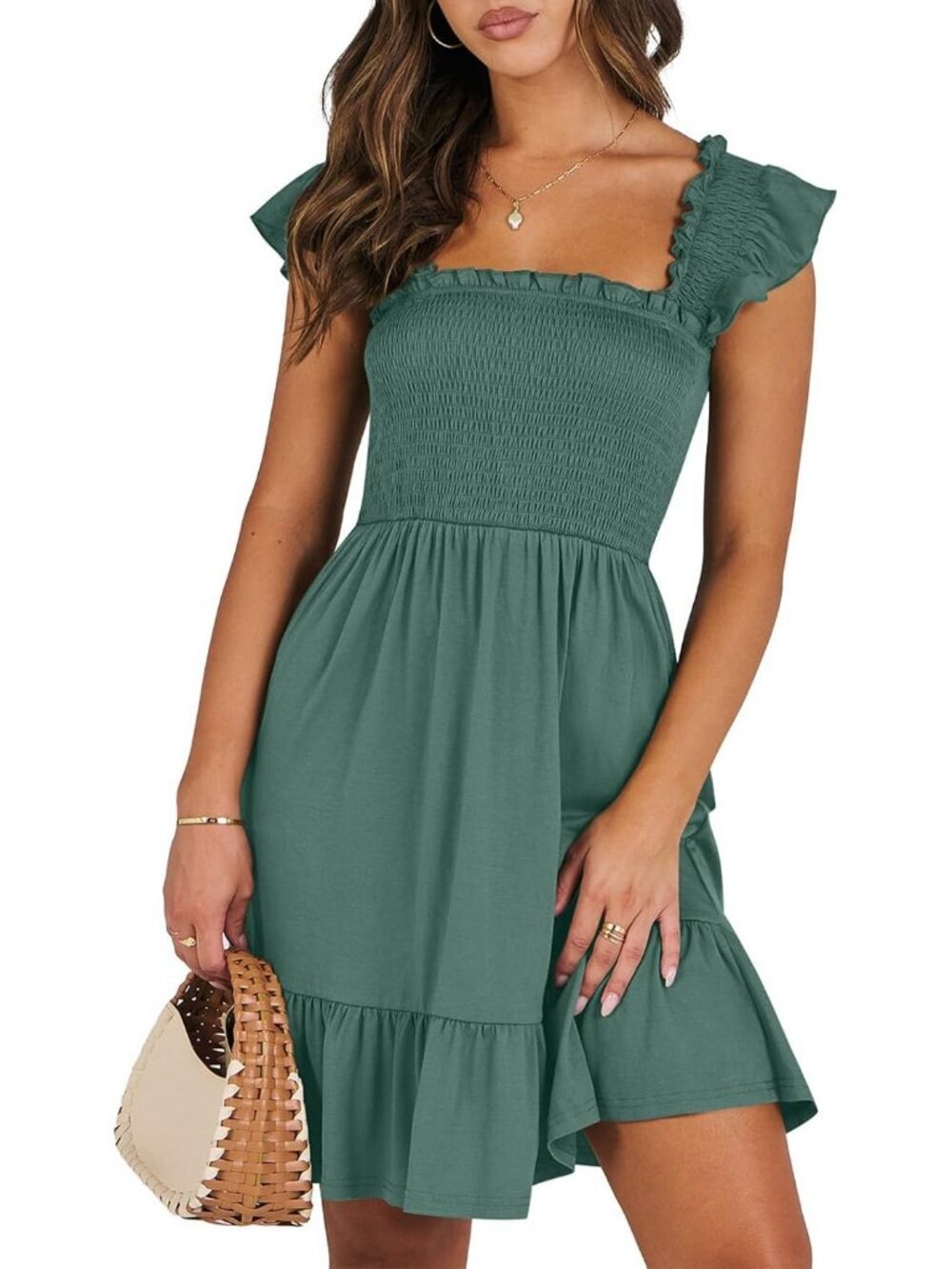 Women's Summer Sleeveless Square Neck Dress Grass Green Smocked Ruffle Backless